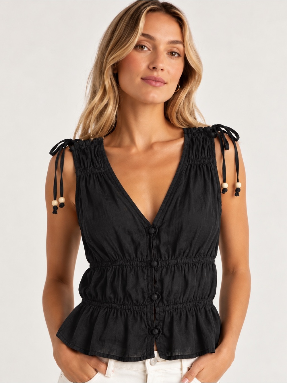Cynthia Rowley 100% Linen Black Drawstring Shoulder Tank